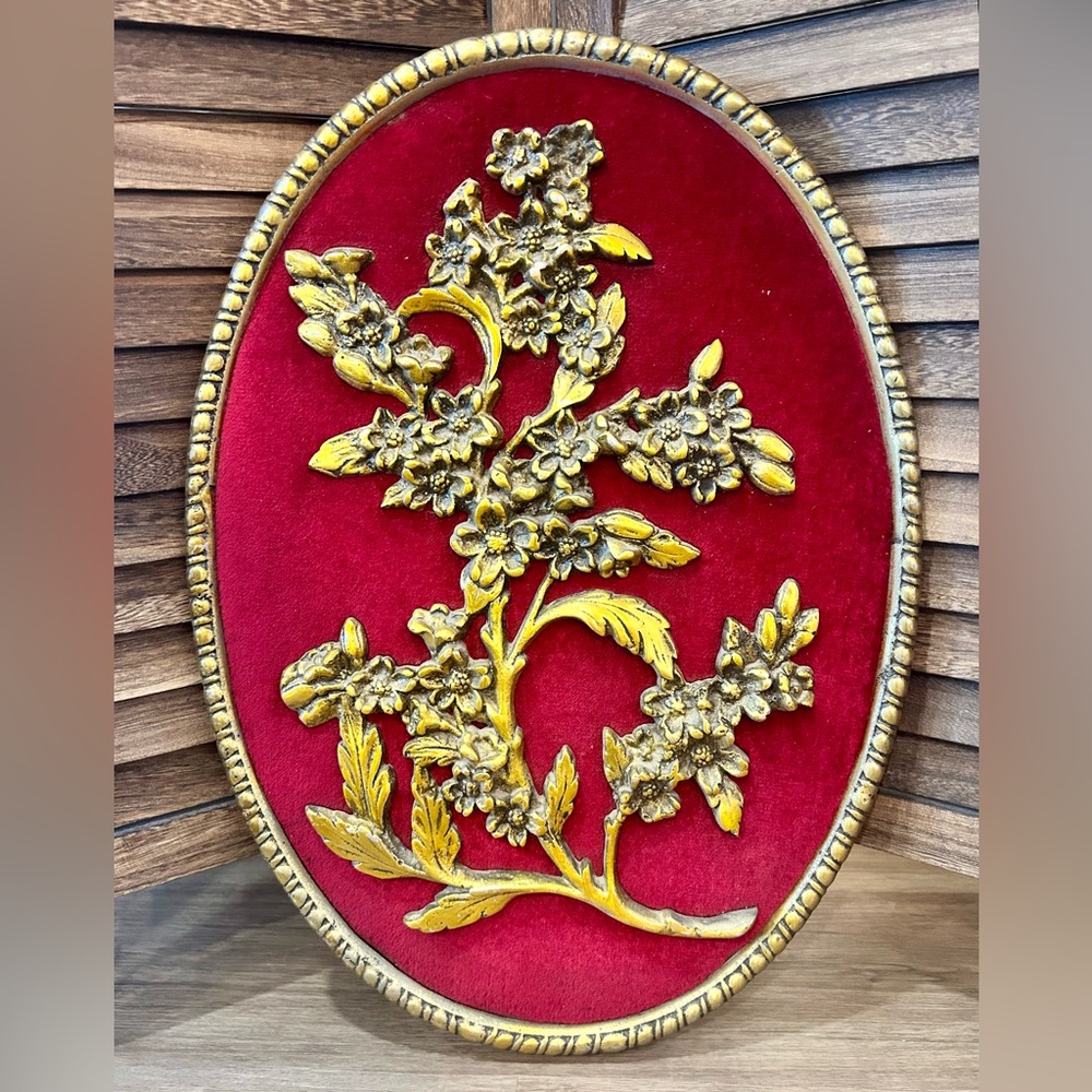 MCM Syroco 22” Hollywood Regency Dogwood Red Velvet Gilded Frame